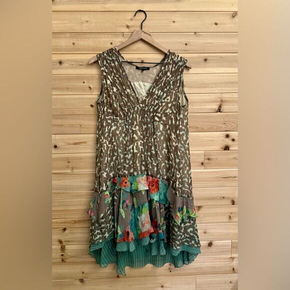 Nanette Leopore Size 4 100% Silk Tiered Ruffle Floral Cheetah Tunic Mini Dress - Picture 1 of 13